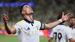 Nassr's Portuguese forward #07 Cristiano Ronaldo celebrates after his team scored their second goal during the Saudi Pro League football match between Al-Nassr and Damac at the Al-Awwal Park Stadium in Riyadh on May 21, 2026. (Photo by Fayez NURELDINE / AFP)