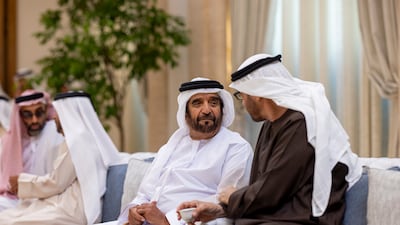 President Sheikh Mohamed and Sheikh Saif bin Mohammed attend condolences on the death of Sheikh Tahnoon bin Mohammed, Ruler's Representative in Al Ain Region, at Al Mushrif Palace. Ryan Carter / UAE Presidential Court