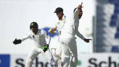 Pakistan’s Zulfiqar Babar, right, gets the wicket of Glenn Maxwell of Australia in Abu Dhabi. Australia will try to pick up the pieces after crashing to their sixth straight loss in Asia. Ryan Pierse / Getty Images