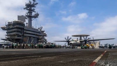 US Navy fighter jets and command and control aircraft prepare to take off from the USS Abraham Lincoln in the Arabian Sea. Centcom