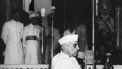Jawaharlal Nehru, India's first prime minister, delivers his famous 'tryst with destiny' speech on August 15, 1947 at Parliament House in New Delhi.