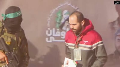 Yarden Bibas is released in Khan Younis, Gaza. Sky News Arabia screengrab