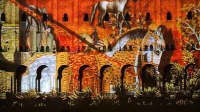 Sharjah, United Arab Emirates, Feb 06, 2014 - The opening of the Sharjah light festival is projected on the new Sharjah municipality building. ( Jaime Puebla / The National Newspaper )