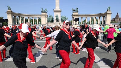 People dance to celebrate International Dance Day at the Heroes' Square in Budapest, Hungary. Reuters