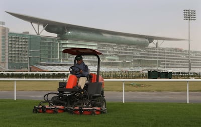 Grass being cut in front of the main grandstand at Meydan racecourse. Stephen Lock / The National