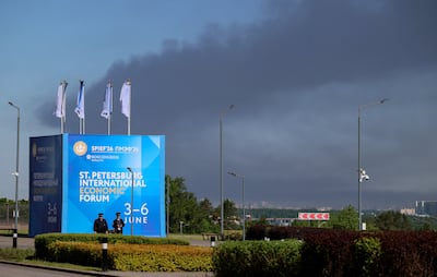 Smoke billows from a Ukrainian drone strike close to where the St Petersburg International Economic Forum was being held. Reuters