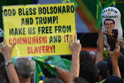 Supporters of Brazilian right-wing presidential candidate Jair Bolsonaro take part in a rally along Paulista Avenue in Sao Paulo. Nelson Almeida / AFP