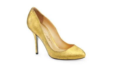 The world’s first 24-carat gold velvet high heeled pump for women retails at Dh12,000, at Level Shoe District, the world’s largest shoe store in Dubai Mall. Courtesy Level Shoe District