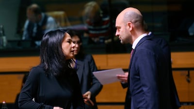 German and French foreign ministers Annalena Baerbock and Jean-Noel Barrot before an EU meeting in Luxembourg on Monday. AFP