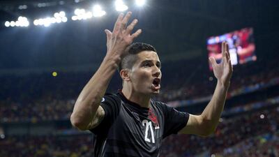 Odise Roshi of Albania in action during the Euro 2016 Group A match against Romania at Stade de Lyon in Lyon, France, 19 June 2016. CJ Gunther / EPA