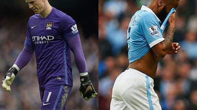 Manchester City's Joe Hart, left, and Raheem Sterling went down with injuries against Manchester United on Sunday. AFP; Reuters