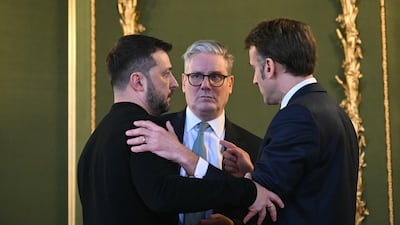 Ukraine's President Volodymyr Zelenskyy, Mr Starmer and French President Emmanuel Macron hold a meeting in March 2025 in London