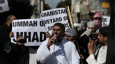 British Muslim Anjem Choudary at an anti-America demonstration outside the US embassy in London on September 11, 2011, on the 10th anniversary of the 9/11 attacks. AFP.