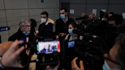 Luc Febbraro , a lawyer of Jacqueline Veyrac, speaks to the press over the 2016 kidnapping of millionaire hotel heiress Jacqueline Veyrac at the courthouse of Nice. AFP