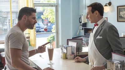 Joe Manganiello,left, as himself and Paul Reubens as Pee-wee Herman in Pee-wee’s Big Holiday. Reubens has played the bubbly character for nearly 40 years. Glen Wilson / Netflix