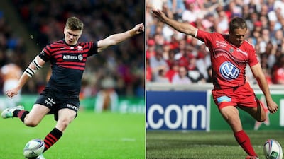 Current England flyhalf Owen Farrell, left, of Saracens, and England flyhalf legend Jonny Wilkinson, right, of Toulon, will duel for the European Cup title on Saturday, May 24, 2014. David Rogers / Getty Images
