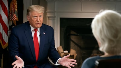 In this image provided by CBSNews/60 MINUTES, President Donald Trump speaks during an interview conducted by Lesley Stahl in the White House on Tuesday, October 20, 2020. AP