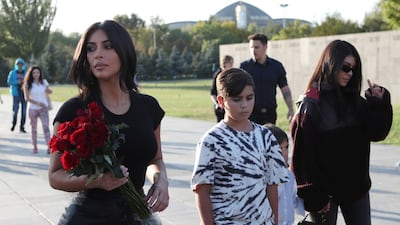 Reality TV personality Kim Kardashian and her sister Kourtney Kardashian visit Armenian Genocide Memorial in Yerevan, Armenia