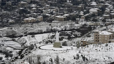 epa08205390 Snow covers the village of Hammana southeast Beirut, Lebanon, 09 February 2020. According to the Lebanese meteorology, Lebanon has been affected by a rainstorm for several days, as snow-covered most mountain villages with a steep drop in temperature. EPA/WAEL HAMZEH