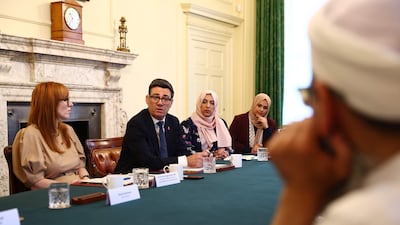 UK Prime Minister Andy Burnham, second left, and Communities Secretary Angela Rayner, left, host Muslim community leaders including Akeela Ahmed, third left, of the British Muslim Trust, at Downing Street. AFP
