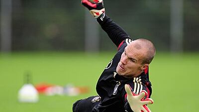 Robert Enke dives for the ball during a Germany training session at the Sued Stadium in Cologne.
