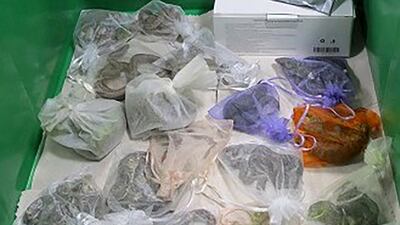 This February 2022 photo shows snakes and lizards in bags found hidden under and in Jose Manuel Perez's clothes by border patrol officers in California. AP