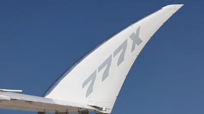 The folding wingtips of the Boeing 777X demonstration aircraft at the 2021 Dubai Airshow. AFP