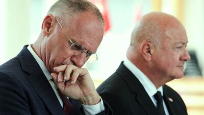 Austrian Interior Minister Gerhard Karner, left, and Chancellor Christian Stocker, right, attend a news conference in Graz. AP