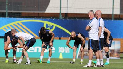 France manager Didier Deschamps, 2nd right, leads a training session at the Centre Robert Louis Dreyfus, in Marseille, southern France, Wednesday, July 6, 2016. France will face Germany in a Euro 2016 semi-final match in Marseille on Thursday, July 7, 2016. Claude Paris / AP Photo
