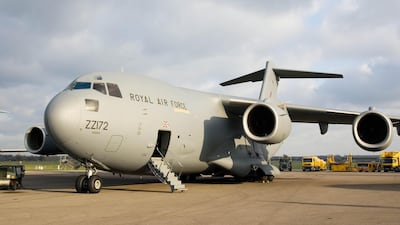 A C-17 transport plane at RAF Brize Norton in Oxfordshire, United Kingdom. Protective equipment is in short supply in Britain. Getty Images