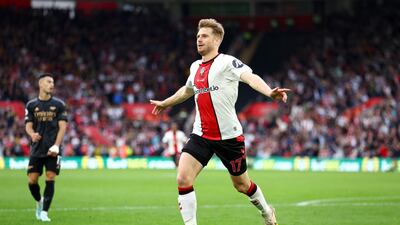 Stuart Armstrong of Southampton celebrates after scoring their equaliser against Arsenal in the Premier League game at St Mary's Stadium on Sunday, October 23, 2022. Getty