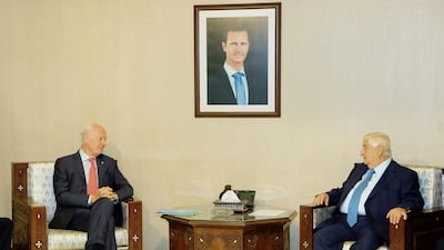 Syrian Foreign Minister Walid Al Moallem meeting with the UN Special Envoy for Syria Staffan de Mistura and the accompanying delegation in Damascus. EPA / SANA