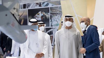 Sheikh Mohamed bin Zayed, Crown Prince of Abu Dhabi and Deputy Supreme Commander of the Armed Forces, views the latest innovations in unmanned systems technology, robotics and AI.