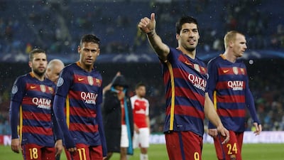 Barcelona’s Luis Suarez and Neymar celebrate at the end of the match. Action Images via Reuters / Carl Recine