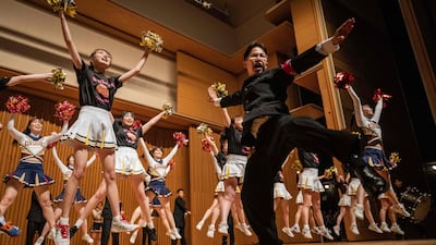 Members of the Kokugakuin University 'oendan' during a competition between university cheerleading squads in Tokyo