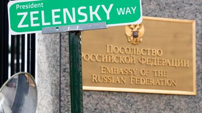 A sign in front of the Russian embassy in Washington erected by pro-Ukraine activists reads 'President Zelensky Way', referring to Ukrainian President Volodymyr Zelensky. EPA
