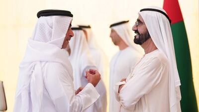 Sheikh Saif bin Zayed, Deputy Prime Minister and Minister of Interior, talks to Sheikh Mohammed during the Cabinet meeting. Courtesy: Dubai Media Office