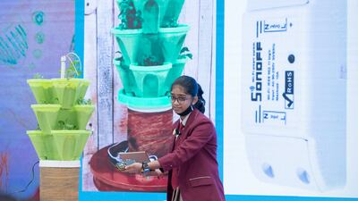 Sreya Binesh, from Gems Millennium School, Sharjah during her presentation at the UK Pavillion, Expo 2020 Dubai.