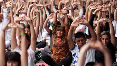 India's Prime Minister Narendra Modi led a Yoga for Peace event ahead of the G20 start on Friday AFP