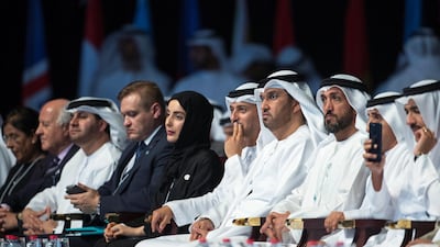 Ahmed Juma Al Zaabi, UAE Deputy Minister of Presidential Affairs (R), Sheikh Saeed bin Maktoum bin Juma Al Maktoum (2nd R), Mohamed Mubarak Al Mazrouei, Undersecretary of the Crown Prince Court of Abu Dhabi (3rd R), Dr Sultan Ahmed Al Jaber, UAE Minister of State, Chairman of Masdar and CEO of ADNOC Group (4th R), Dr Ahmed Abdullah Humaid Belhoul Al Falasi, UAE Minister of State for Higher Education (5th R), and Shamma Suhail Al Mazrouei, UAE Minister of State for Youth Affairs (6th R), listen to a speech by Narendra Modi, Prime Minister of India (not shown), during the World Government Summit. Ryan Carter / Crown Prince Court - Abu Dhabi