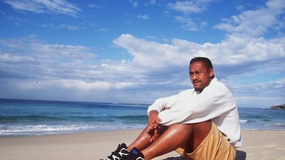 Jonah Lomu relaxes on the beach in Australia before the Bledisloe Cup match. David Rogers/AllSport