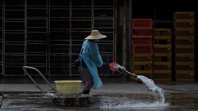 worker sanitises the Wholesale Poultry Market. Lam Yik Fei / Getty Images