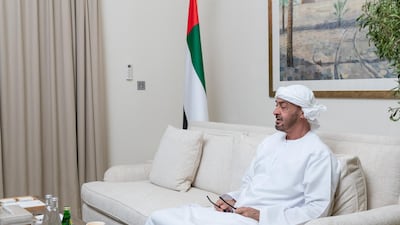 Sheikh Mohamed bin Zayed leads a government meeting on the UAE's latest efforts to combat coronavirus, via video conference.