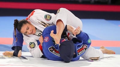 Ishtar Azzawi, in white, competes in the 70kgs blue-belt final at the Abu Dhabi World Professional Jiu-Jitsu Championship 2019. All photos courtesy Ishtar Azzawi