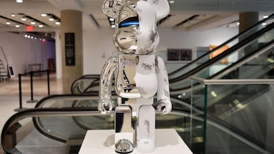 Daniel Arsham x Hajime Sorayama 1000% BE@RBRICK (2G) sculpture is displayed during a press preview. AFP