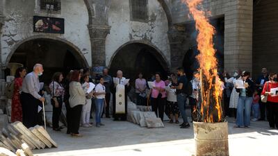 A ceremony to ring the newly inaugurated bell at Syriac Christian church of Mar Tuma in Iraq's second city of Mosul, in the northern Nineveh province, on September 18. AFP