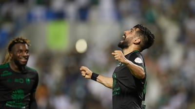 Sumayhan Al Nabit celebrates scoring Al Ahli's third goal against Al Khaleej. Getty