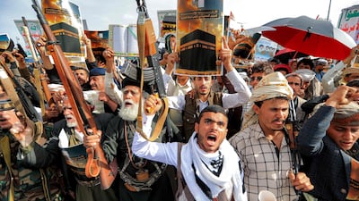 Supporters of the Iranian-backed Houthis protest in Saana, Yemen, against comments by US President Donald Trump about the holy city of Makkah. AFP