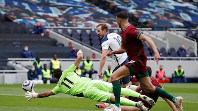 Harry Kane scores for Spurs against Wolves at the Tottenham Hotspur Stadium on May 16. Reuters