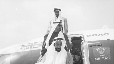Sheikh Zayed, the Founding Father, arrives at Heathrow Airport at the start of his first official visit to Britain in June 1969. Getty Images